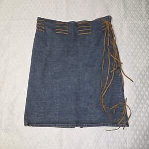 Trendy Denim Mini Skirt - Blue and Brown, Leather Laces On Waist, Womens Large